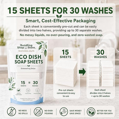 Eco Dish Soap Sheets – Eco Dishwashing Strips for Dishwasher Machines and Hand Washing – Travel & Home, 15 Sheets Up to 30 Washes (SPRAY BOTTLE NOT INCLUDED)