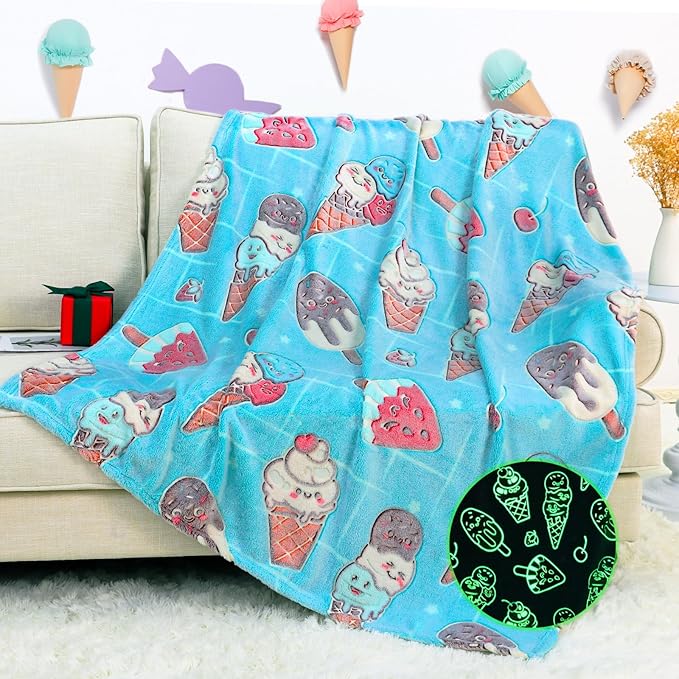 Glow in The Dark Ice Cream Blanket Blue Throw Blanket Food Blanket Unique Birthday Gifts for Girls Teens Kids Funny Blankets for Couch Sofa Bed