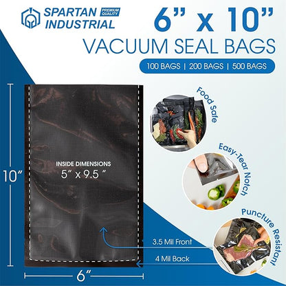 Spartan Industrial 6" X 10" Vacuum Sealer Bags - 200 Count BPA-Free Food Storage Bags for Marinating, Freezing, Sous Vide Cooking