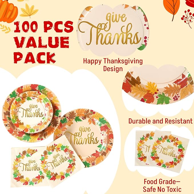 JOYIN 100Pcs Thanksgiving Paper Plates and Napkins Disposable Dinnerware Set for 25 Guests Give Thanks Theme Party Supplies Happy Thanksgiving Autumn Tableware Set