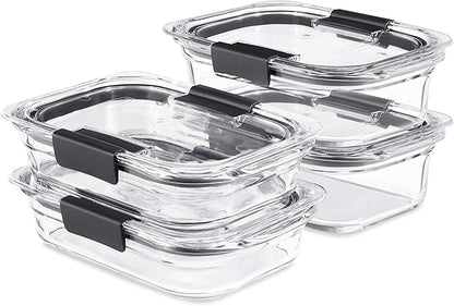 Rubbermaid Brilliance Glass Food Storage set of 4 containers 8 total pieces (4 containers + 4 lids) for Lunch Meal Prep and Leftovers Dishwasher and Oven Safe Clear/Grey
