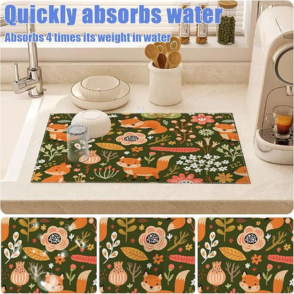 Cute Fox Dish Drying Mat for Kitchen Counter Animals Drying Pad Absorbent