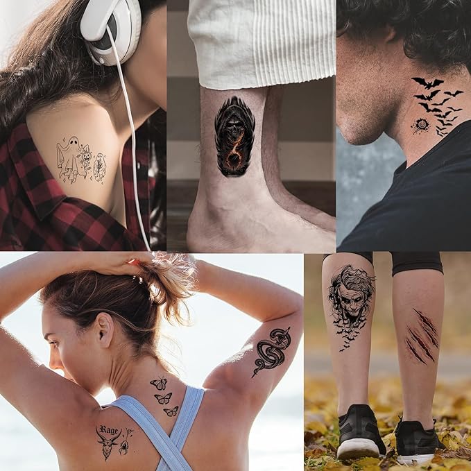 52 Sheets Black Halloween Temporary Tattoos for Kids Men Women, Include 10 Sheets Large Half Arm Sleeve Fake Tattoos, 200+ PCS Spider Snake Tiger Lion Skull Bat Vampire Scar Halloween Tattoos