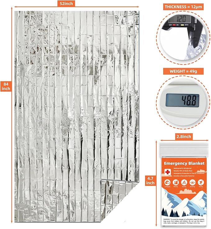 10 Pack Emergency Thermal Blanket Survival, Mylar Blankets for Outdoor, Space Blanket, Silver Foil for Survival, Survival Kit Camping Blankets, Body Warmer, First Aid, Hiking 84” x 52”
