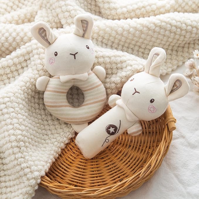 Plush Baby Soft Rattle Toys, Beige Bunny Baby Rattles for Infants Baby First Stuffed Animal Plush Rattle Shaker Set for Newborns Soft Ring Rattle Sensory Toys for Infant Boys Girls Shower Gifts, 2 PCS