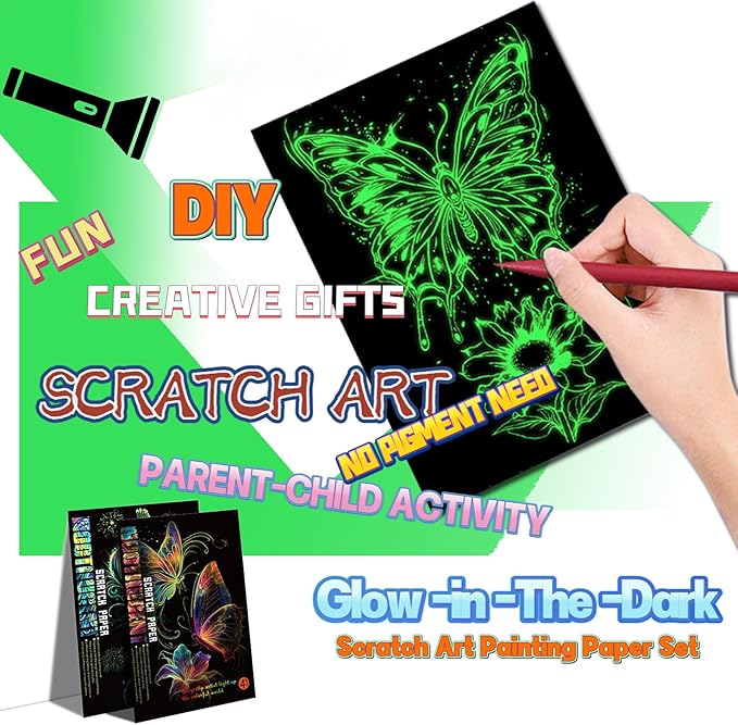 Scratch Paper Art for Adults-Glow in The Dark Scratch Painting Craft Kit (8 Sheets A4)|Foil Engraving Art Set|Stress Relief Gift for Craft Lovers|Creative Scratch Art Home Decor(Butterfly&Peacock)‌
