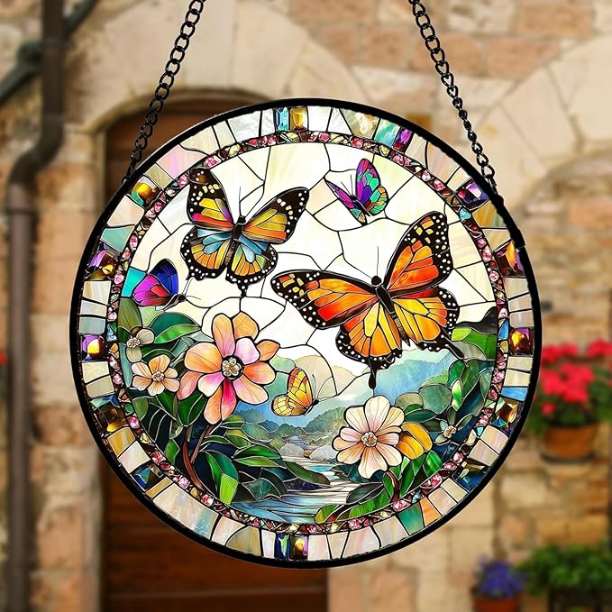 DASTOLL Stained Glass Window Hanging, Butterflies Flying in The Sky Suncatcher