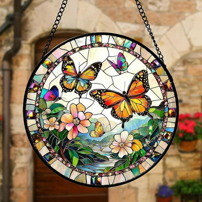 DASTOLL Stained Glass Window Hanging, Butterflies Flying in The Sky Suncatcher