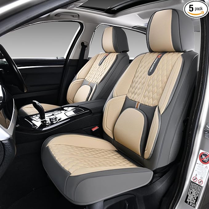 Khaki Car Seat Cover Complete Set, Universal Car Seat Cover for Car with Lumbar Support, Premium Artificial Leather, Waterproof and Easy to Clean, Airbag Compatible, Seat Heating Compatible