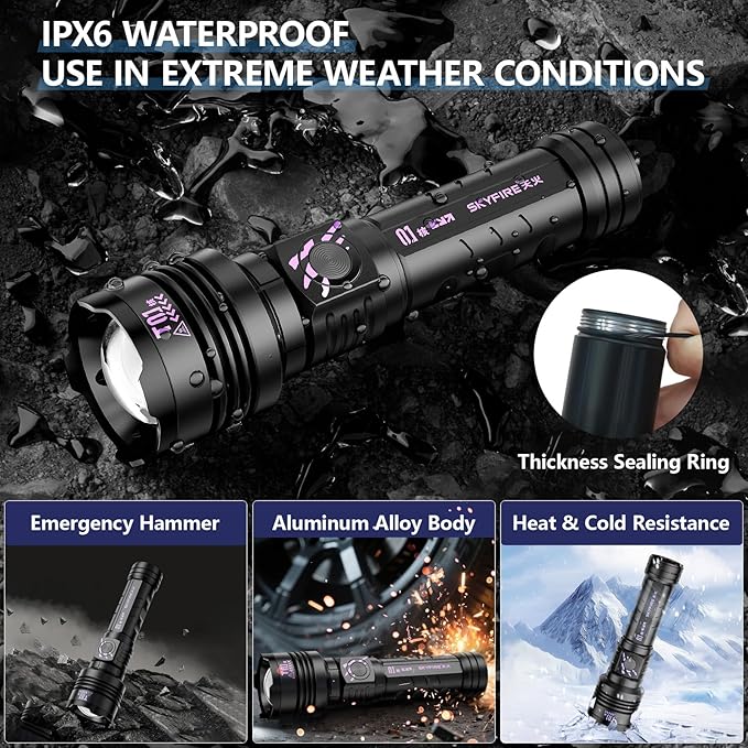 SKYFIRE Rechargeable Flashlights High Lumens: LED Super Bright Flashlight Zoomable with 5 Modes IPX6 Waterproof Handheld Powerful Flash Light for Camping,Emergenciesr,Home&Gifts（with Ignition Lens）