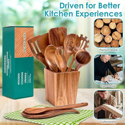 HOWHONG Wooden Spoons for Cooking, Premium Acacia Wood Kitchen Utensil Set