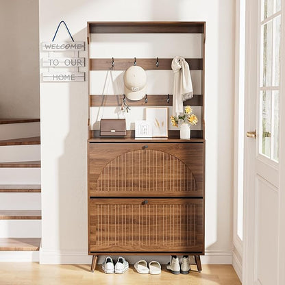 Shoe Cabinet for Entryway with 2 Flip Drawers & Coat Rack, Narrow Hidden Shoe