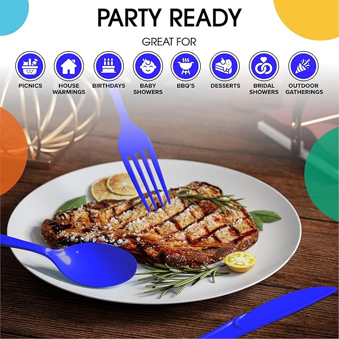 Party Solids Dark Blue Plastic Silverware Heavy Duty 300 Pcs Dark Blue Plastic Cutlery Sets, Utensil Sets, 100 Of Each Forks, Knives & Spoons Disposable Cutlery Set, Flatware Set For Party Supplies