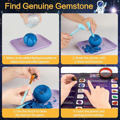 QLKUNLA Gemstones Dig Kit, Excavate 24 Real Gems in Solar System STEM Educational Space Toys for Boys & Girls Archaeology Geology Science Project Gift