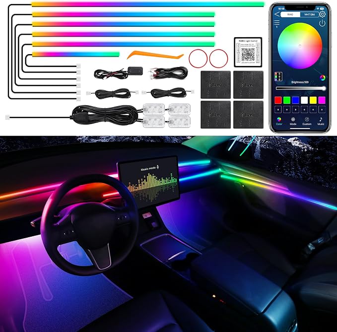 Dreamcolor Acrylic Interior Car LED Strip Light with Wireless APP, RGB 10 in 1 with 175 inches 612 LEDs Fiber Optic Car Ambient Lighting Kits, Dynamic Chasing Music Sync Neon LED Strip Lights for Car