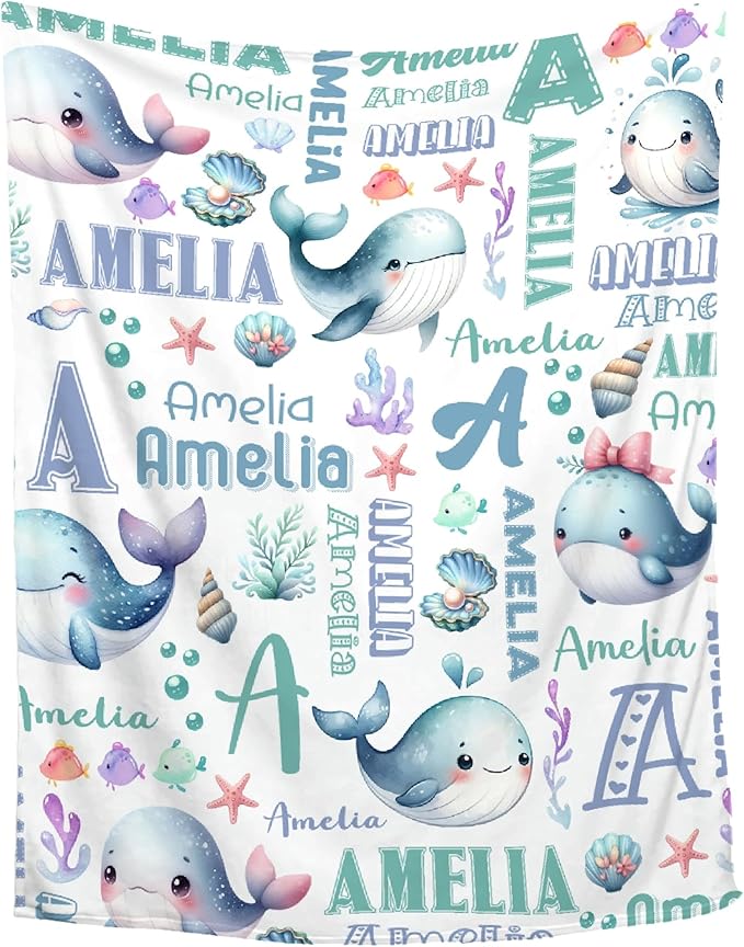 Personalized Baby Blanket for Girls Boys Kids Whales Custom Baby Blanket with Name Throw Birthday Gift for Toddlers Infants Shower Newborns Nursery Stroller Crib Bed Decor