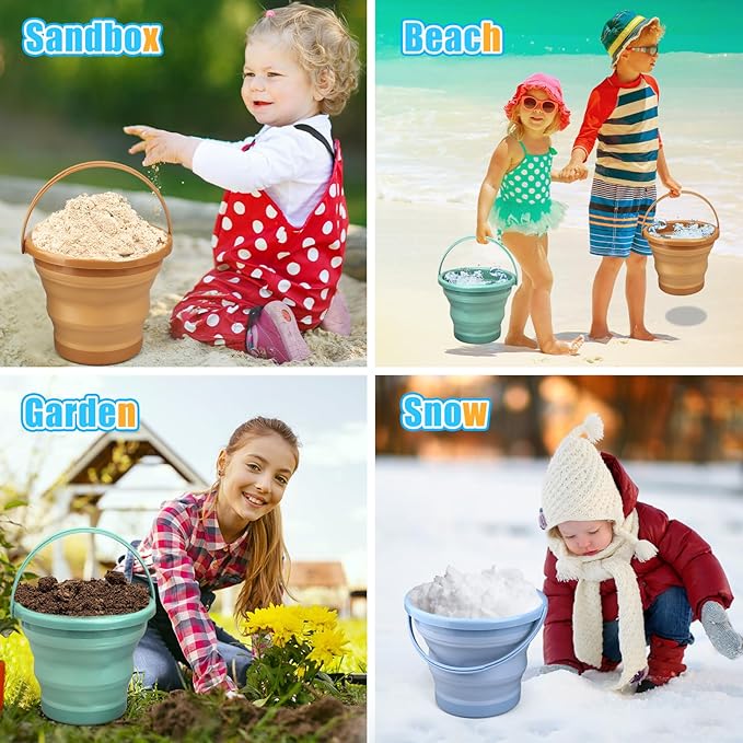 3PCS Foldable Beach Bucket Sandbox Kit Toys for Kid Adult, Collapsible Small Bucket for Washing Camping Fishing, Silicone Sand Pail for Garden Planting, Travel, Beach Summer Toy Gift for Boy Girl