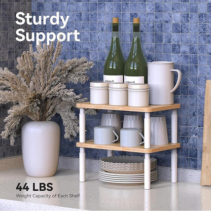 Cabinet Organizer Shelf, Spice Rack Set of 2 Kitchen Pantry Cupboard Shelves, Stackable, Height Adjustable, Natural Bamboo (11.7" Wx77.Dx6.57 H per Pack)