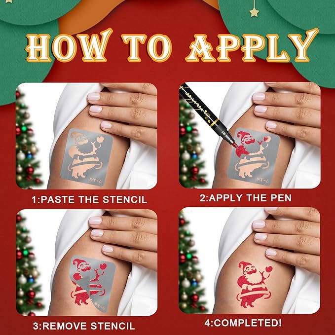 158 PCS Christmas Temporary Tattoo Stencils for Kids, Face and Body Paint Stencils Kit, Girl Boy Glitter Xmas Santa Tattoos Stencils Pack for Christmas Kids School Show Birthdays Party Favor Supplies