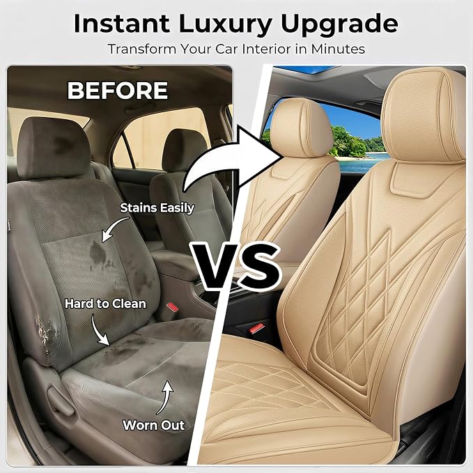 Car Seat Covers Compatible with Hyundai Kona 2018-2025 2026 - Full Set 5 Seats Luxury Leather All-Weather Seat Cushions & Protectors, Waterproof & Breathable, Airbag Compatible (Beige)