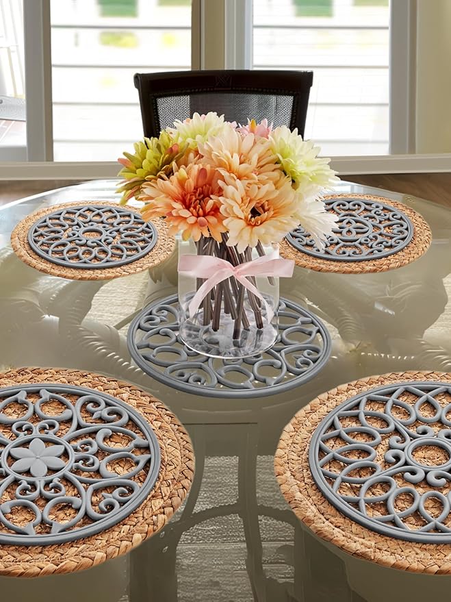 SMARTAKE 3 Set Silicone Trivet Mats, Multi-Use Carved Trivet Mat, Insulated Non-Slip Durable Kitchen Mats, Flexible Modern Kitchen Table Mat, for Hot Dishes, Pots, Dining Countertop, Grey, STM413H