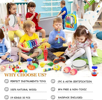 Toddler Musical Instruments Set, 32 PCS 19 Kinds Wooden Percussion Instruments Toys for Kids Playing Preschool Education, Early Learning Baby Musical Toys for Boys and Girls Gift