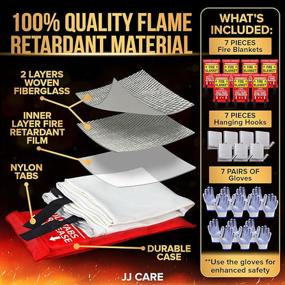 JJ CARE Fire Blanket ??7 Packs with Hooks and Gloves ??40??x 40??Fire Blankets Emergency for Home and Kitchen, High Heat Resistant and Flame Protection for Kitchen, Car, Office, Camping & Home Safety