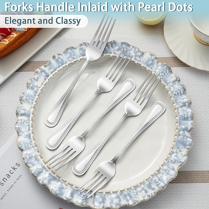 24-Piece Dinner Fork Set, 8-Inch Silverware, Stainless Steel, Elegant Pearl Dot Handle, Dishwasher Safe