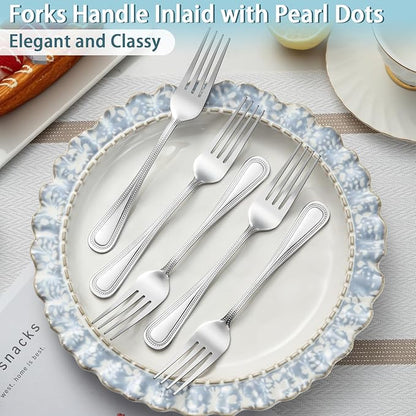 24-Piece Dinner Fork Set, 8-Inch Silverware, Stainless Steel, Elegant Pearl Dot Handle, Dishwasher Safe