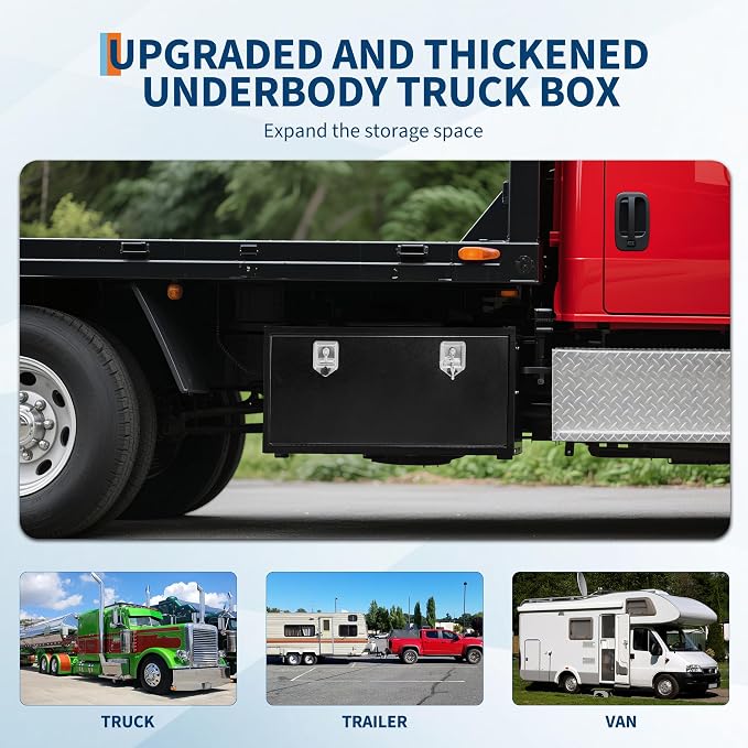 Black Steel Underbody Truck Box, 48"×18"×18" Pickup Storage Box, Heavy Duty Diamond Plate Tool Box with Lock and Keys, Waterproof Trailer Storage Box with T-Handle Latch for Truck, Van, Trailer