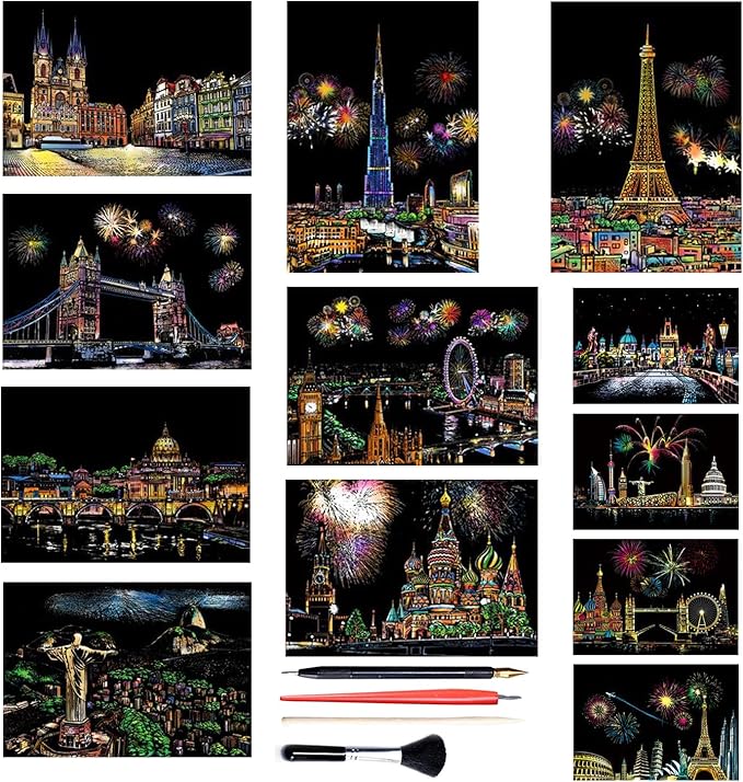 Georgie Porgy Scratch Paper Art A4 Set for Kids Adults Magic Rainbow Scratch Postcards Boards for DIY Arts and Crafts Kits Christmas Birthday Gift with Scratching Tools Kit (Beauty+Fireworks City)