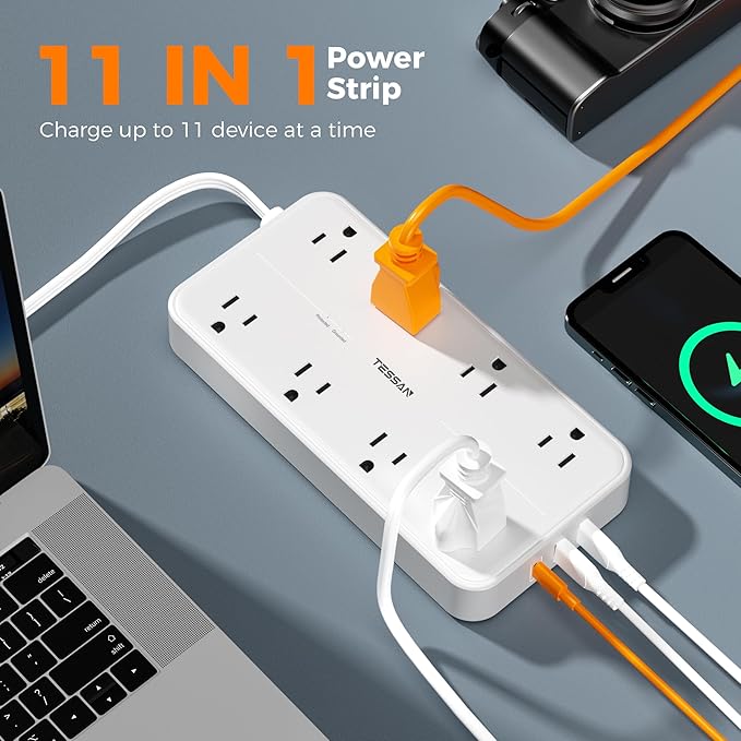 Power Strip with Surge Protection, TESSAN Flat Plug Extension Cord with 8