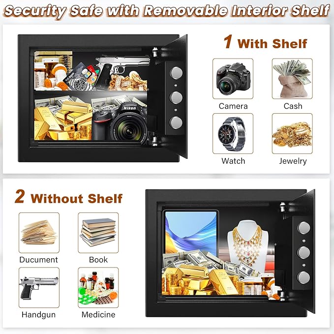 Safe Box with Fireproof Waterproof Bag, Home Safe with Keys & Pass Code & Wall