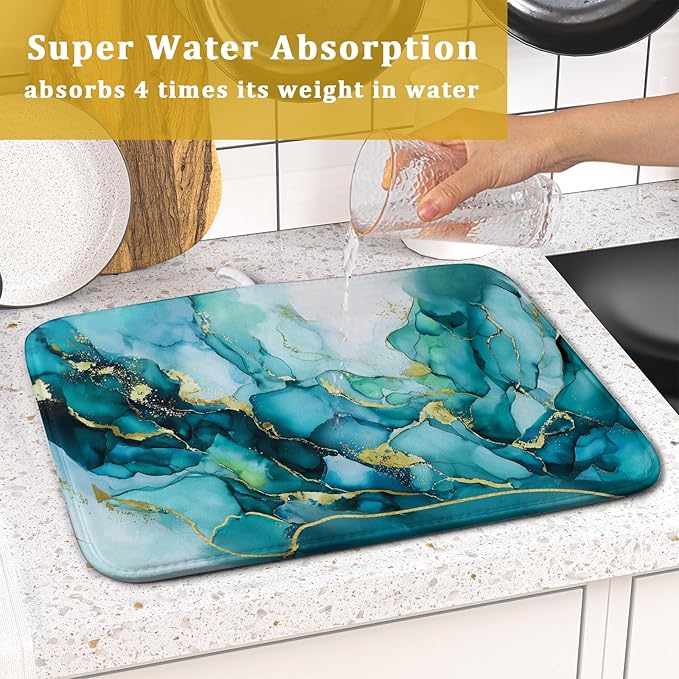 Giwawa Teal Marble Dish Drying Mat Turquoise Blue Marbling Print Dish Drainer