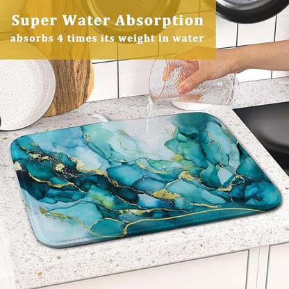 Giwawa Teal Marble Dish Drying Mat Turquoise Blue Marbling Print Dish Drainer