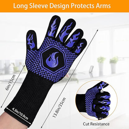 BBQ Fireproof Gloves, Grill Cut-Resistant Gloves 1472°F Heat Resistant Gloves, Non-Slip Silicone Oven Gloves, Kitchen Safe Cooking Gloves for Oven Mitts,Barbecue,Cooking, Frying, Blue（2 Pairs）