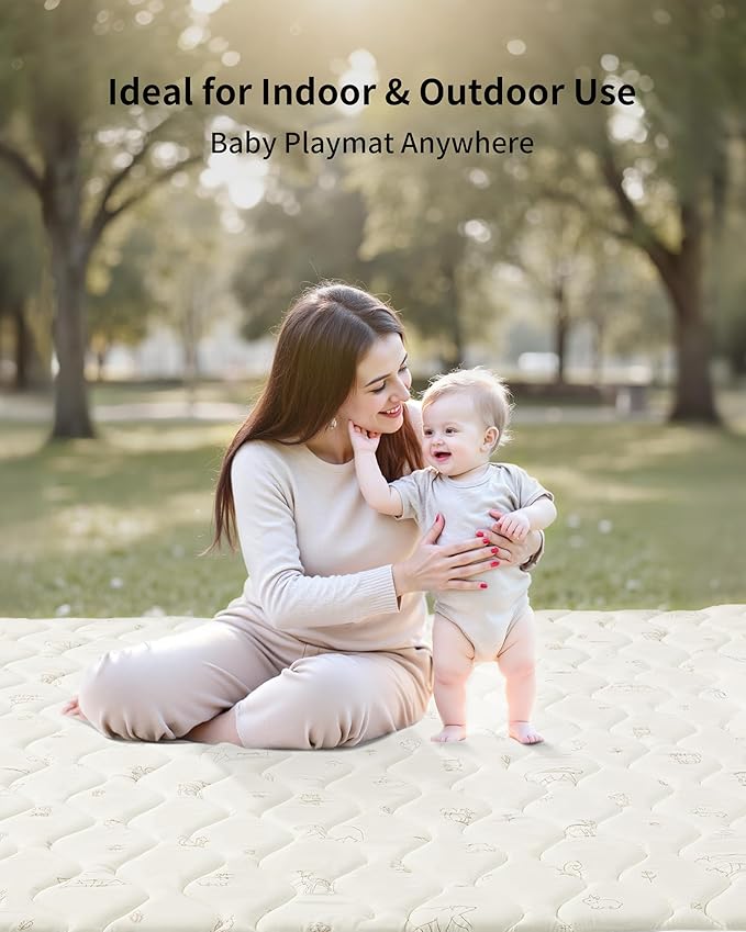 Baby Play Mat, Soft Foam Floor Mats for Babies, Tummy Time Activity Gym Rug, Infant and Toddler Essentials for Playpen 47"x47", Nursery, Outdoor Yard, Portable Foldable Puzzle Mat (Forest Beige)