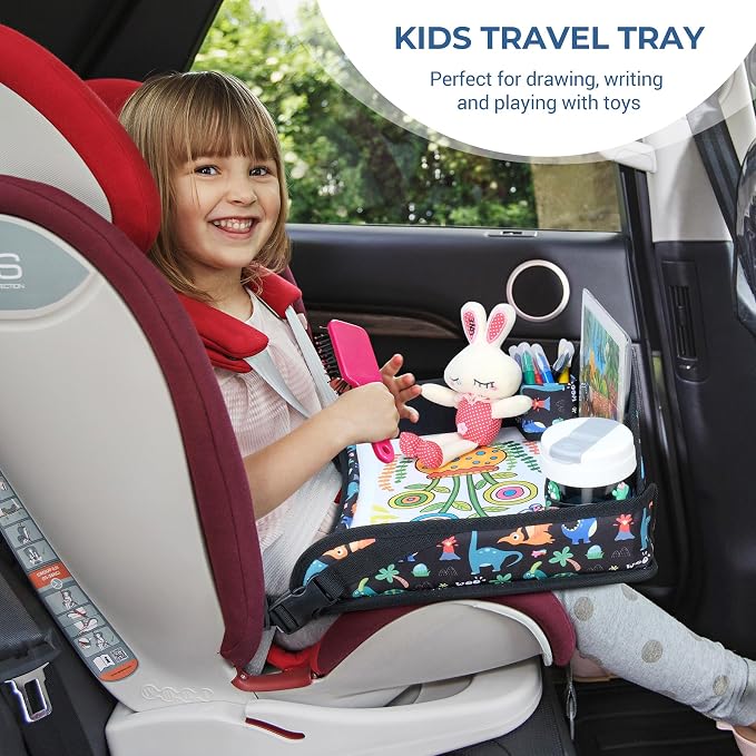 COOLBEBE Kids Travel Tray for Toddler Car Seat, 2PCS Travel Tray for Airplane, Lap Tray, Carseat Table Tray for Kids Travel Activities, Dinosaur & Pink Unicorn
