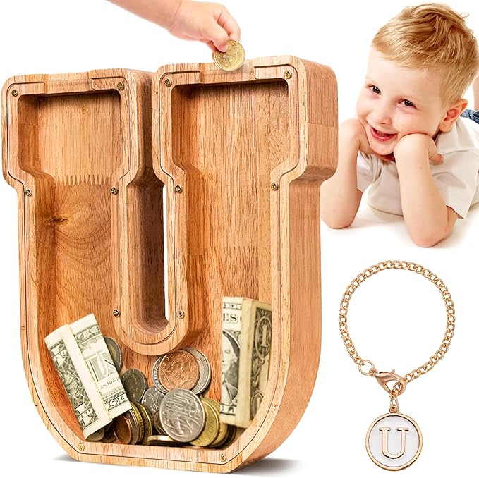 SummiDate Wooden Letter Piggy Bank| Piggy Bank for Boys Girls Toddler| Alphabet U Money Bank| Coin Bank Birthday Gift for Kids|Birthday Gift for Kids (U)