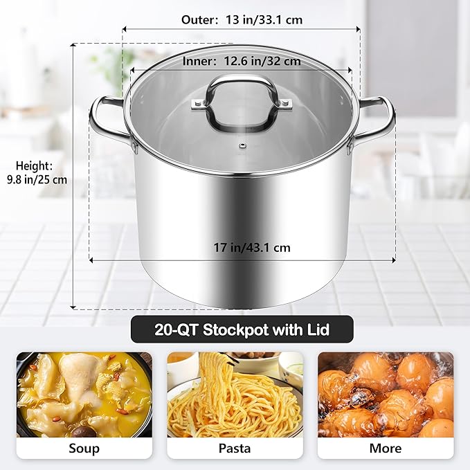 Homikit 20 Quart Soup Pot with Lid, Large Stainless Steel Stock Pot with Double