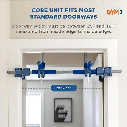 Gym1 6-Piece Doorway Gym Indoor Playground - 6-Piece, Blue - Indoor Playset with Sensory Swing, Pull-Up Bar & Rings, Trapeze, Ladder & Knotted Rope