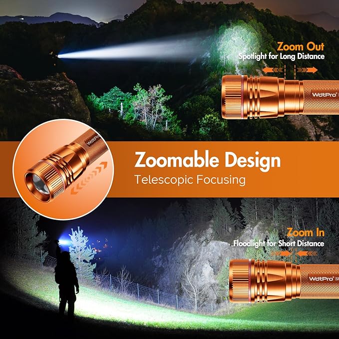 WdtPro Rechargeable Flashlights High Lumens, 1 Pack Super Bright LED Small Tactical EDC Flashlight with 10H Runtime, Portable Flash Light for Camping,Home,Emergency Essentials Orange Battery Included