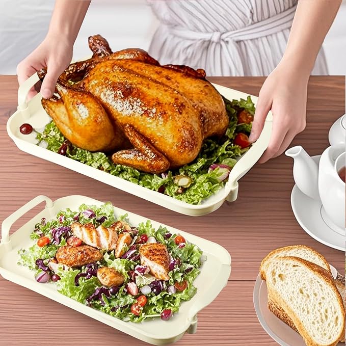 Serving Tray with Handles Set of 3 Rectangular Large Serving Platters 18.3/16.7/14.8 Inch White Plates for Dinner, Party, Entertaining, Cream