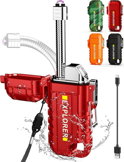 Waterproof Electric Lighter with 360°Flexible Long Neck, Outdoor Windproof Arc Lighter USB Rechargeable Flameless Plasma Cool Lighters for Outdoor & Kitchen(Red)