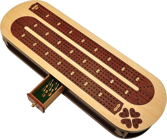PALM ROYAL HANDICRAFTS 4 Track Wooden Cribbage Board Set Inlaid in Rose Wood and Maple Wood with pegs and Cards. Storage Available. 4 Player Cribbage Board (15 x 5 Inches)