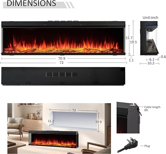 LegendFlame 71" W Smart Build in Electric Fireplace Insert, 1-2-3 Sided View