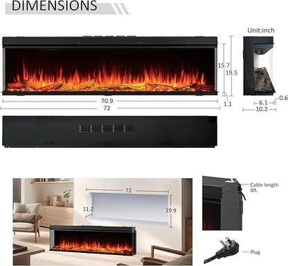 LegendFlame 71" W Smart Build in Electric Fireplace Insert, 1-2-3 Sided View