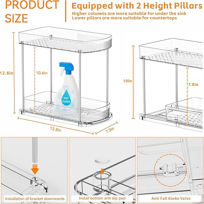 4 Pack Large Pull Out Bathroom Organizers and Storage, 2 Tier 12.8″ Tall