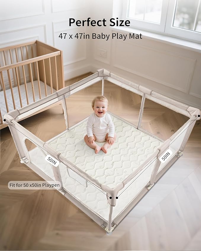 Baby Play Mat, Soft Foam Floor Mats for Babies, Tummy Time Activity Gym Rug, Infant and Toddler Essentials for Playpen 47"x47", Nursery, Outdoor Yard, Portable Foldable Puzzle Mat (Forest Beige)
