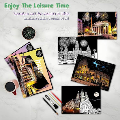 Scratch Art Painting Kit for Adults-8 Sheets A4 Rainbow Scratch Painting Paper Craft Set with City Landmarks|Stress Relief Gift for Travel&Craft Lovers|Scratch Art Home Decor(Europe Series 2)